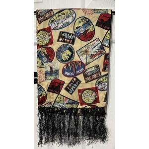 Nick & Nora Silk Scarf W/World Travel Tour Stickers Design 10" X 58" Fringe